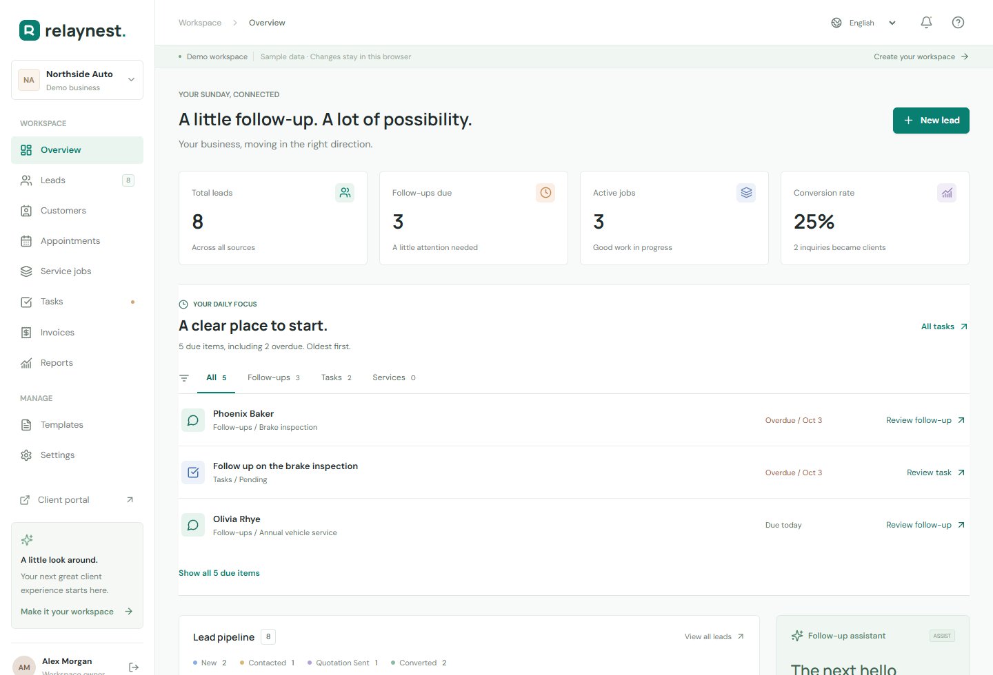 Relaynest workspace showing leads, follow-ups, appointments and service progress